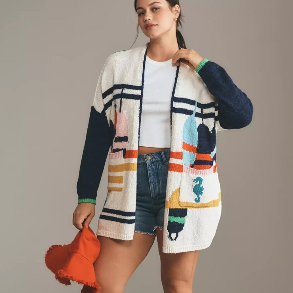 Anthropologie Maeve Nautical Buoy Cardigan Sweater Whale Seahorse 3X NWT Plus - Picture 3 of 10
